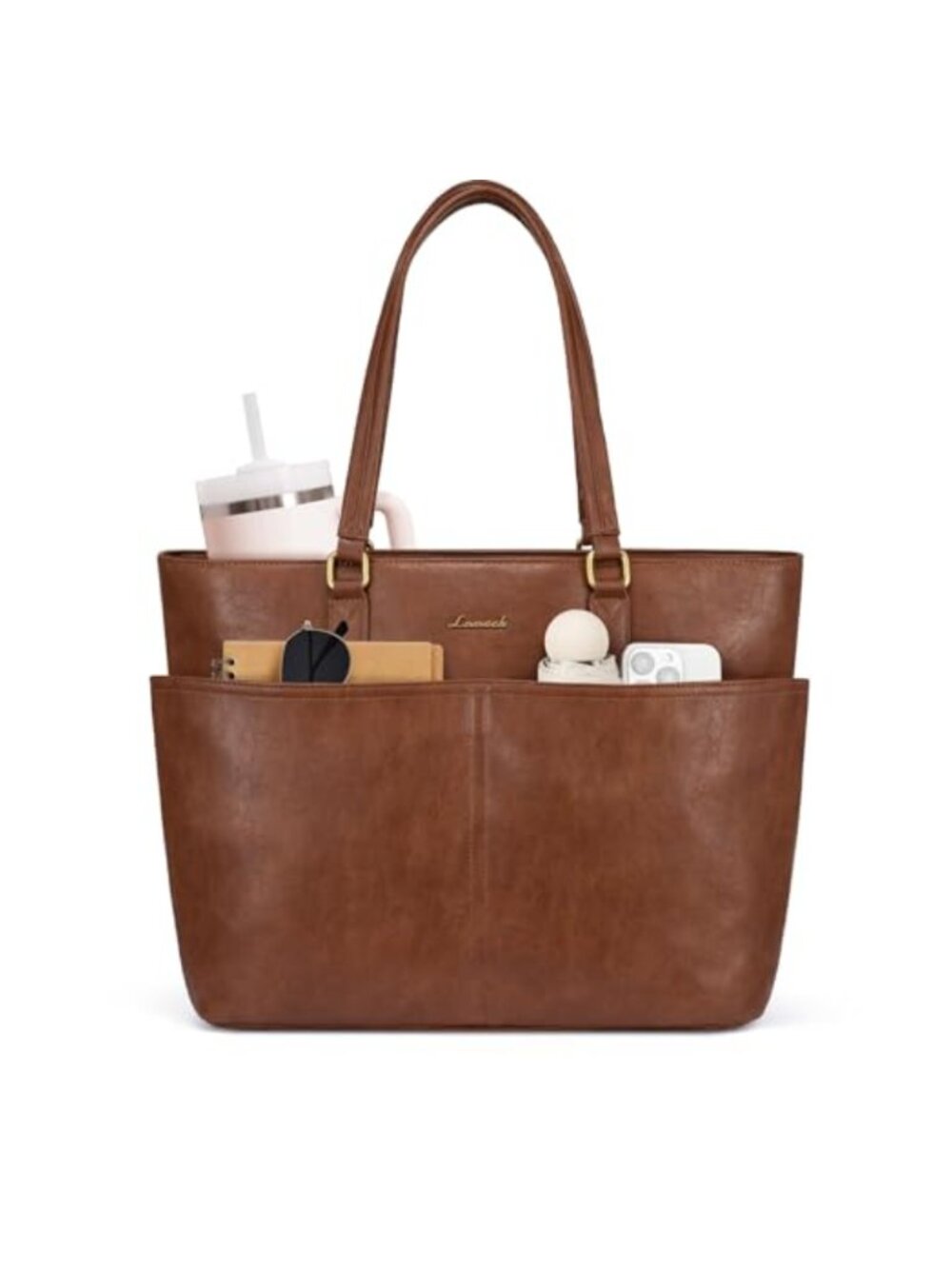 Vegan Leather Laptop Tote Bag with Cup Holder Fits 17.3 Inch Laptop
